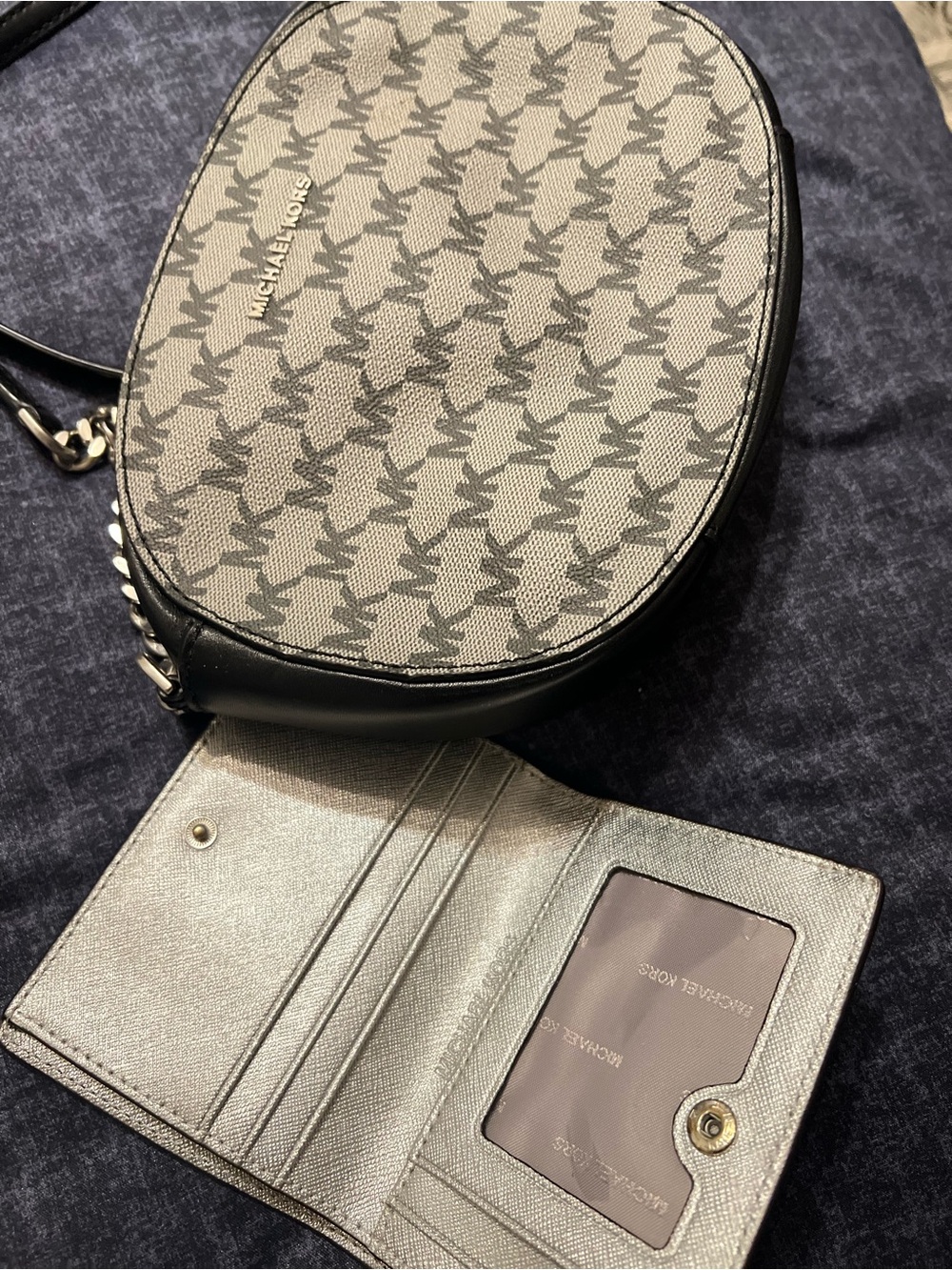Michael Kors Black & Cream Signature Monogram Oval Crossbody Bag